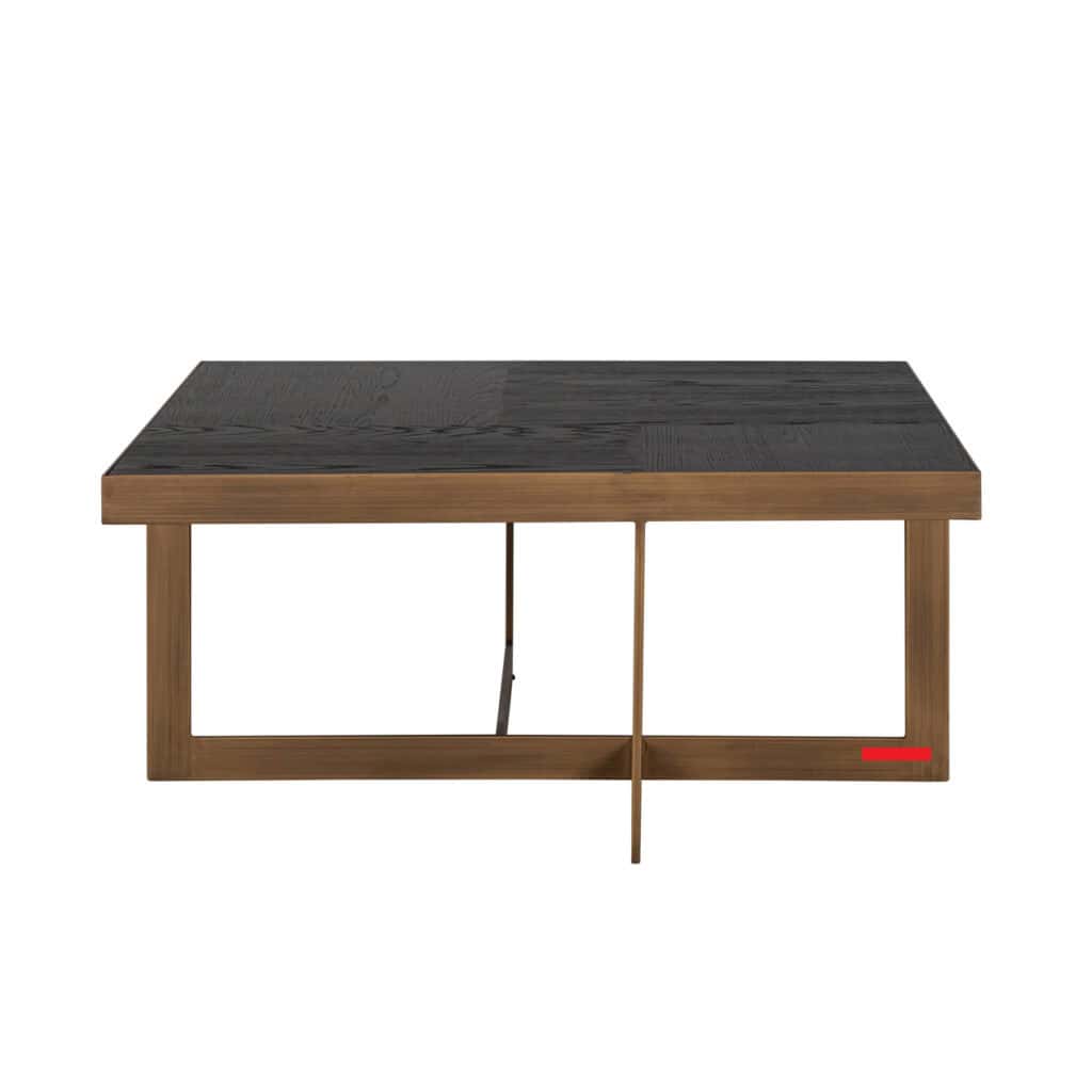 Moderne salontafel Cambon met donker eiken blad en houten frame.