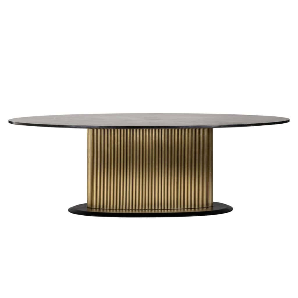 Table à dîner ovale moderne de couleur dorée, Table à dîner un piètement noir.