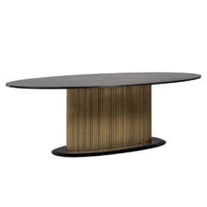 Élégante Table à dîner plateau en marbre noir et piètement en métal doré, idéale pour les intérieurs modernes.