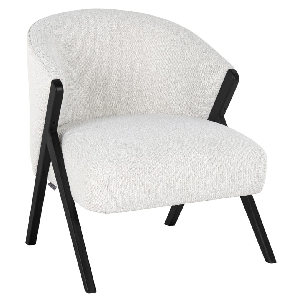 Mia modern lounge chair Mia white bouclé with black wooden legs.
