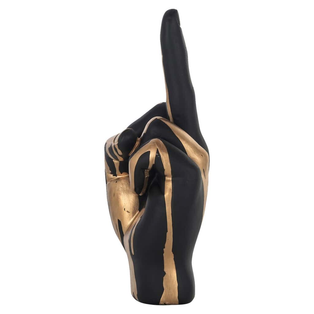 Figurine décorative représentant une main, en noir et gold, au design moderne.