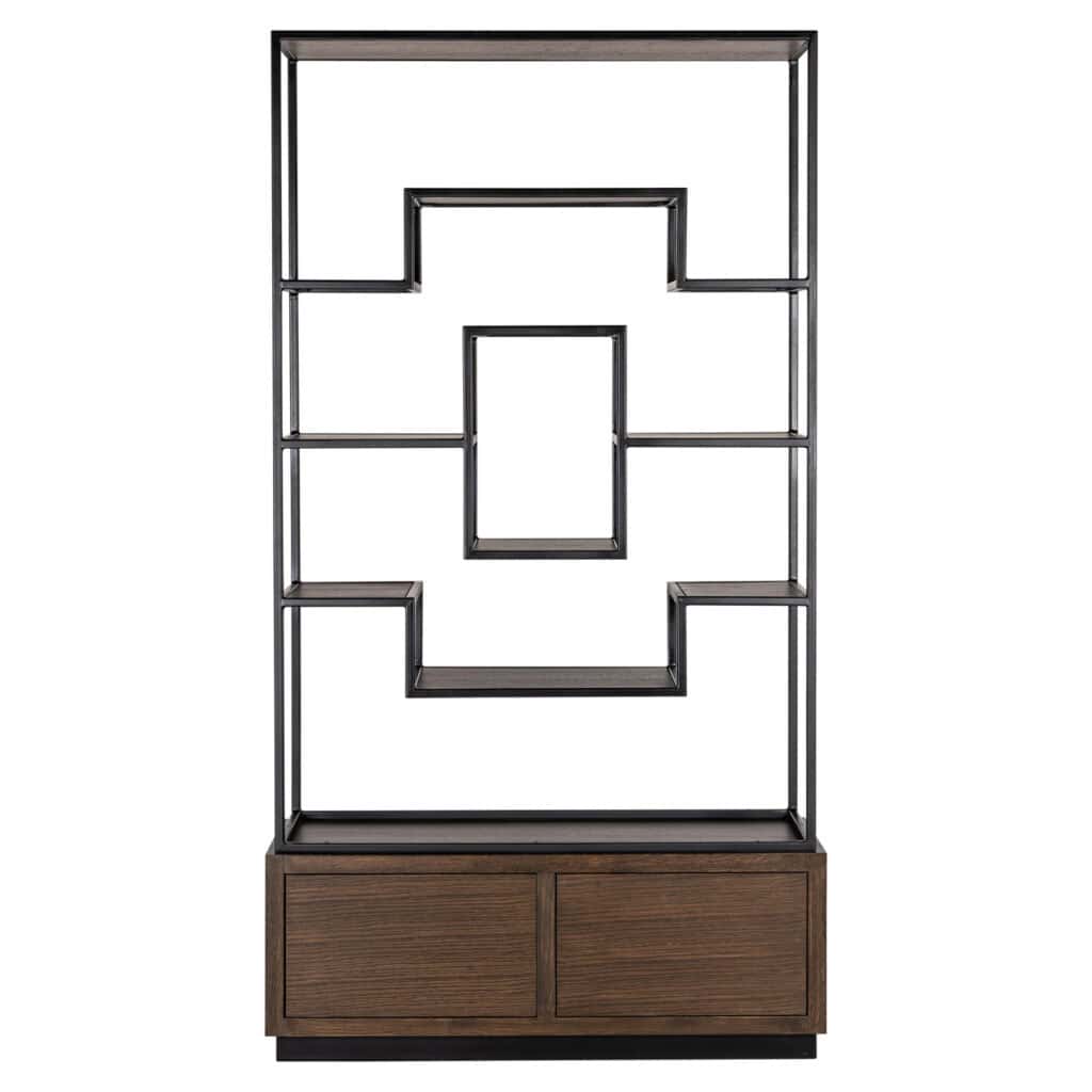 Moderne wandkast Bonvoy met houten onderkast en metalen frame.