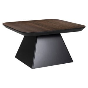 Modern wooden coffee table with a black metal base—elegant and functional.