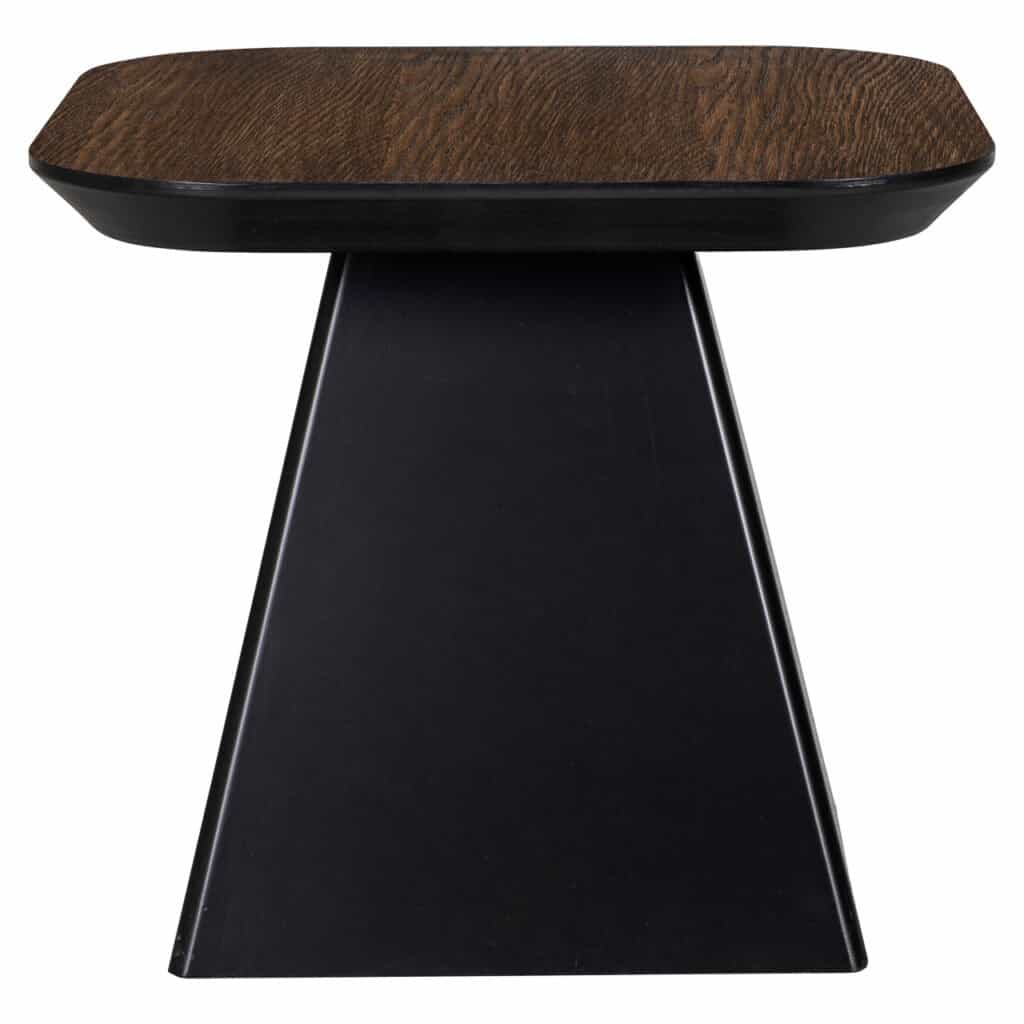 Table d'appoint moderne avec plateau en bois et piètement noir.