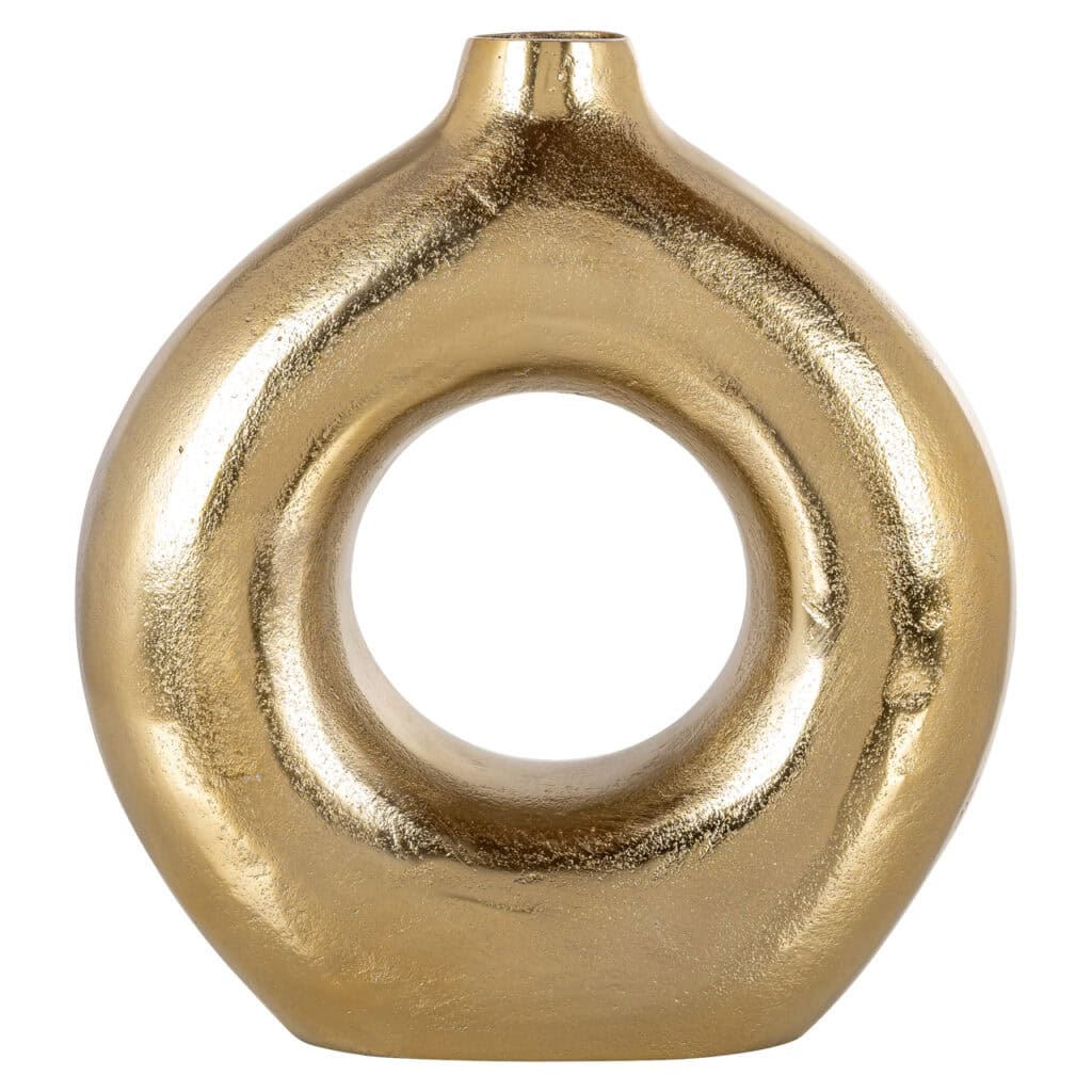 Goldene Ziervase mit runder Öffnung für die Inneneinrichtung.