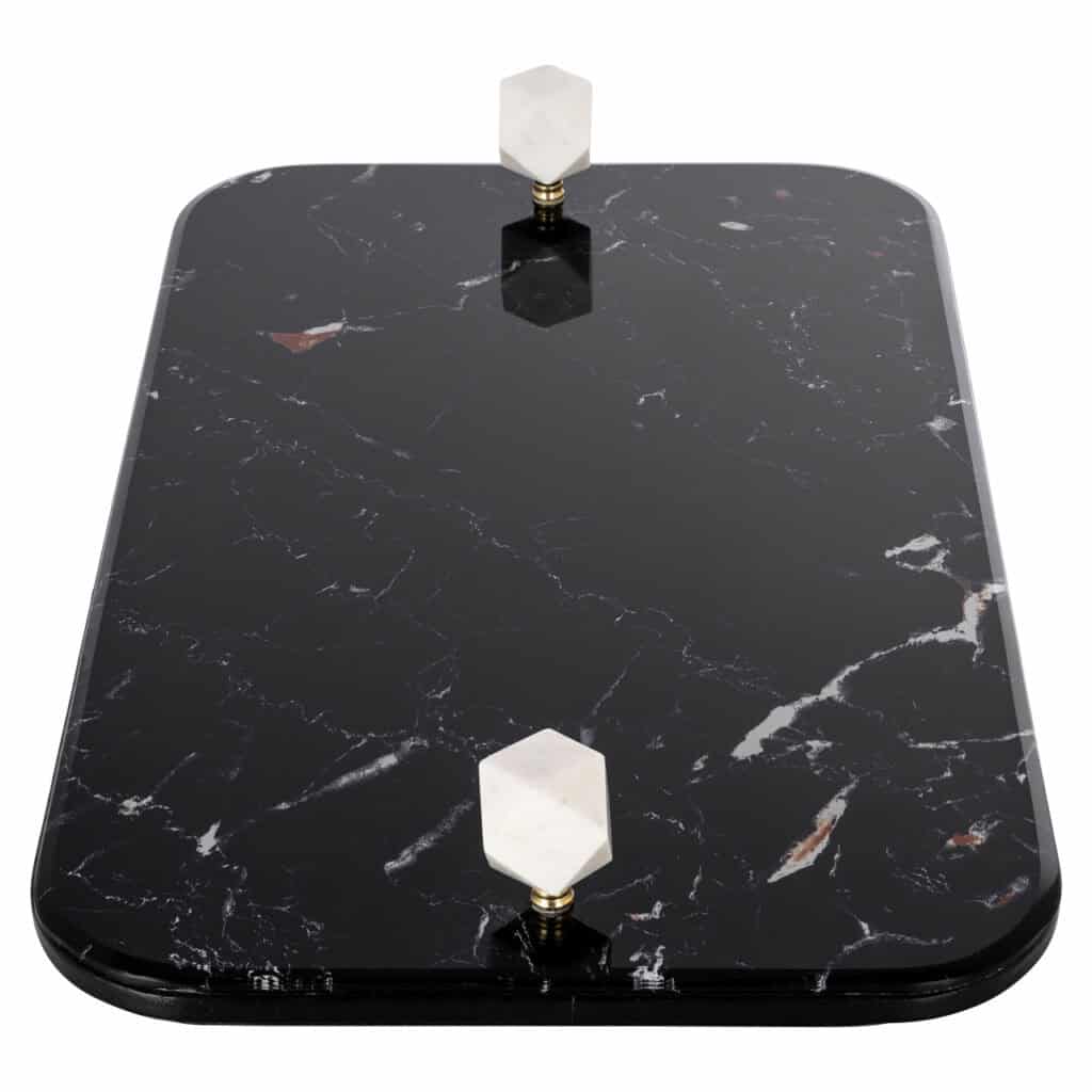 Elegant black marble tray with white accents for home decor.