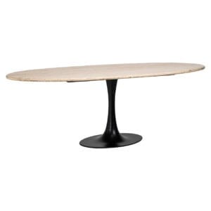 Modern dining table with a wooden top and black legs, perfect for stylish dining rooms.