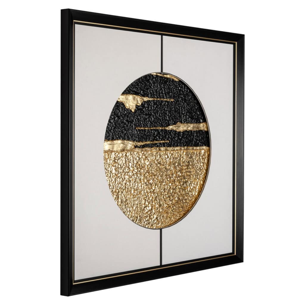 Décoration murale moderne aux gold noires et gold , de forme circulaire.