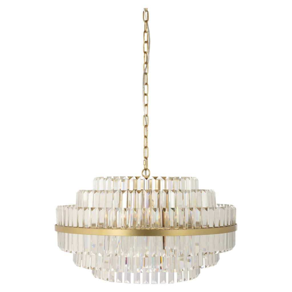 Elegante Kristall-Hängeleuchte mit goldfarbenen Details für moderne Innenräume.