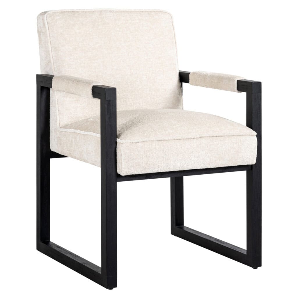 Eetkamerstoel Beck met witte chenille bekleding en zwart houten frame.