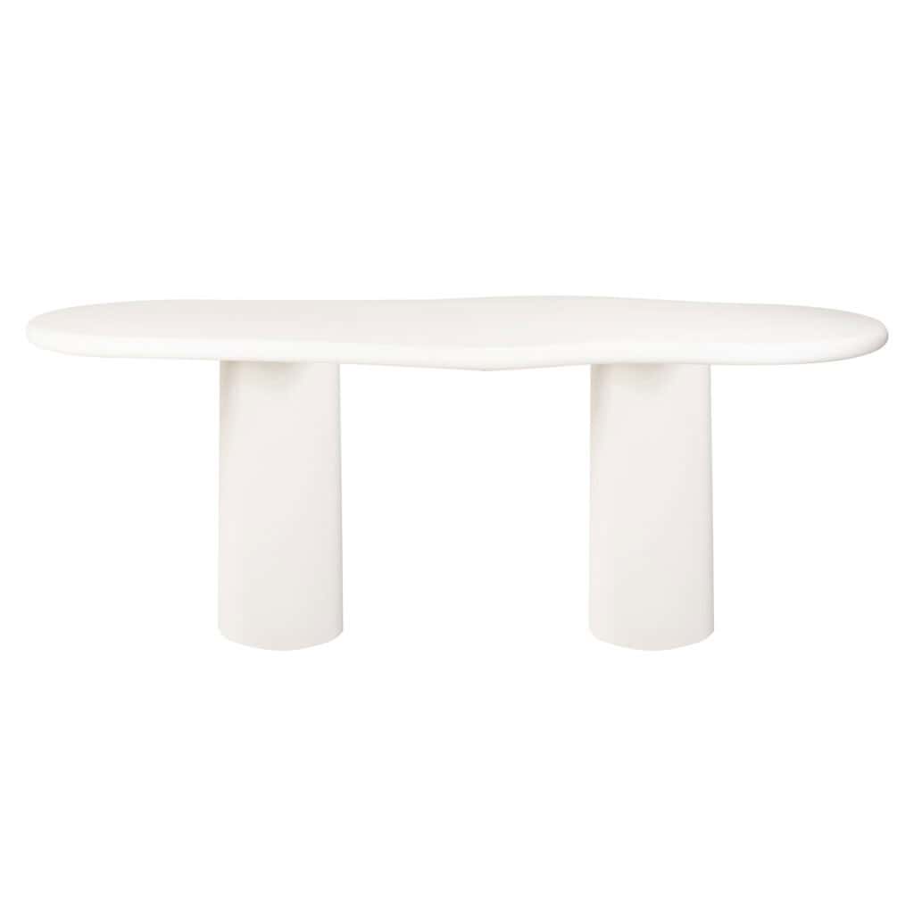 Modern white dining table with two sturdy legs.