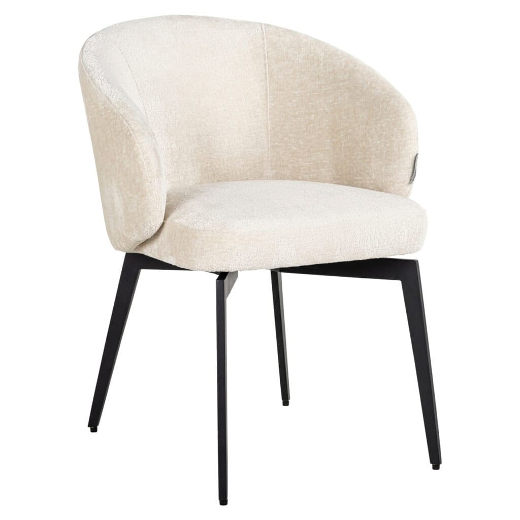 Amphara modern dining chair with white chenille and a black base.