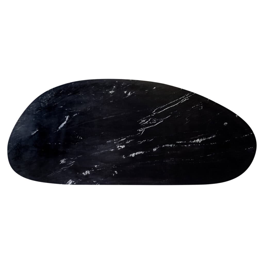 Tischplatte aus schwarzem Marmor mit weißen Adern, modernes Design.