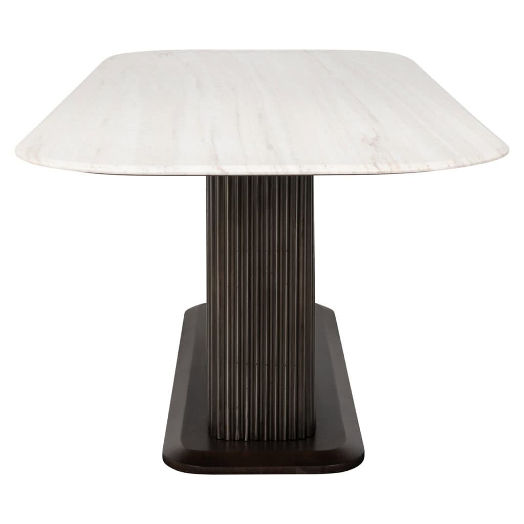 Eettafel Mayfield met witte marmeren blad en zwart houten onderstel.