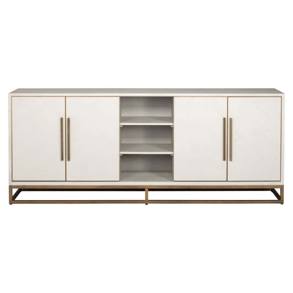 Modern Whitebone dressoir met open planken en metalen poten.
