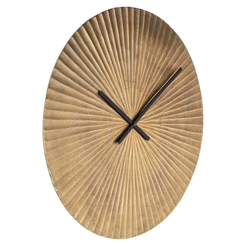 Modern gold clock with black hands—decorative and stylish.