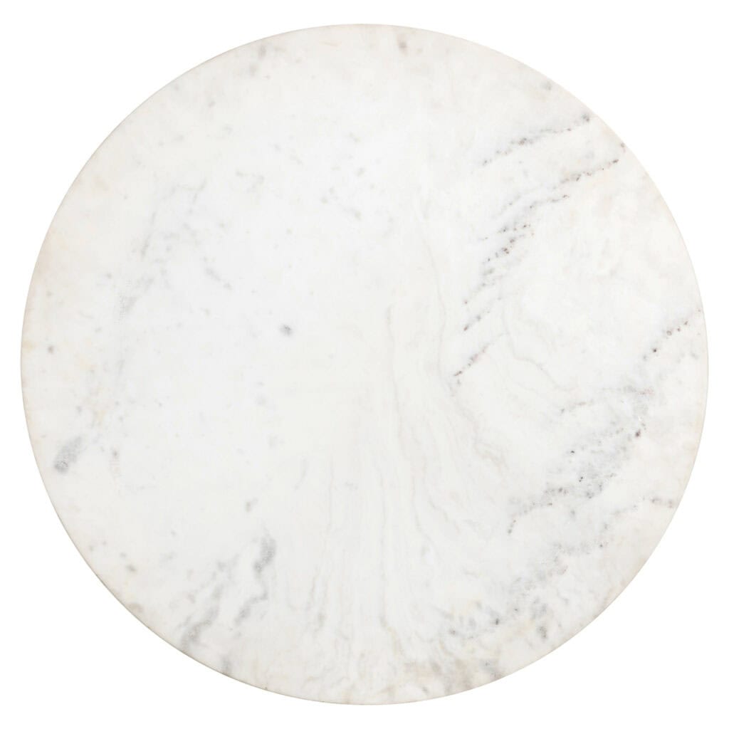 Plateau de table rond en marbre blanc aux veines grises, élégant et raffiné.