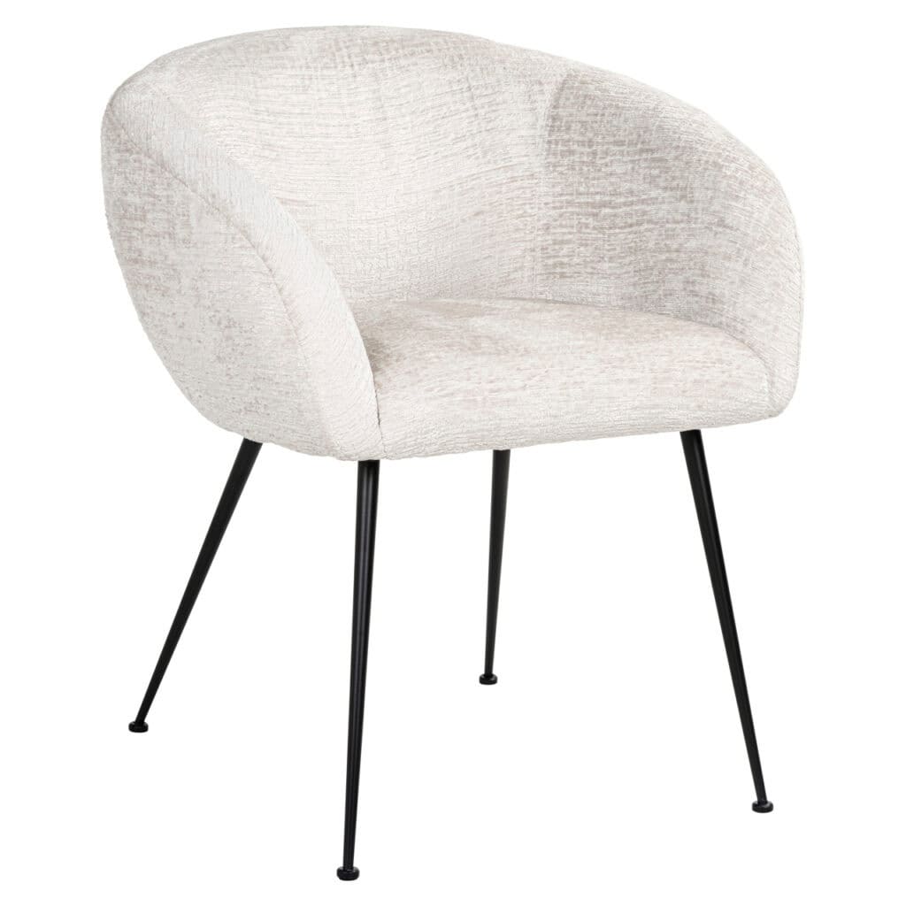 Chaise de salle à manger moderne avec revêtement crème et pieds noirs.