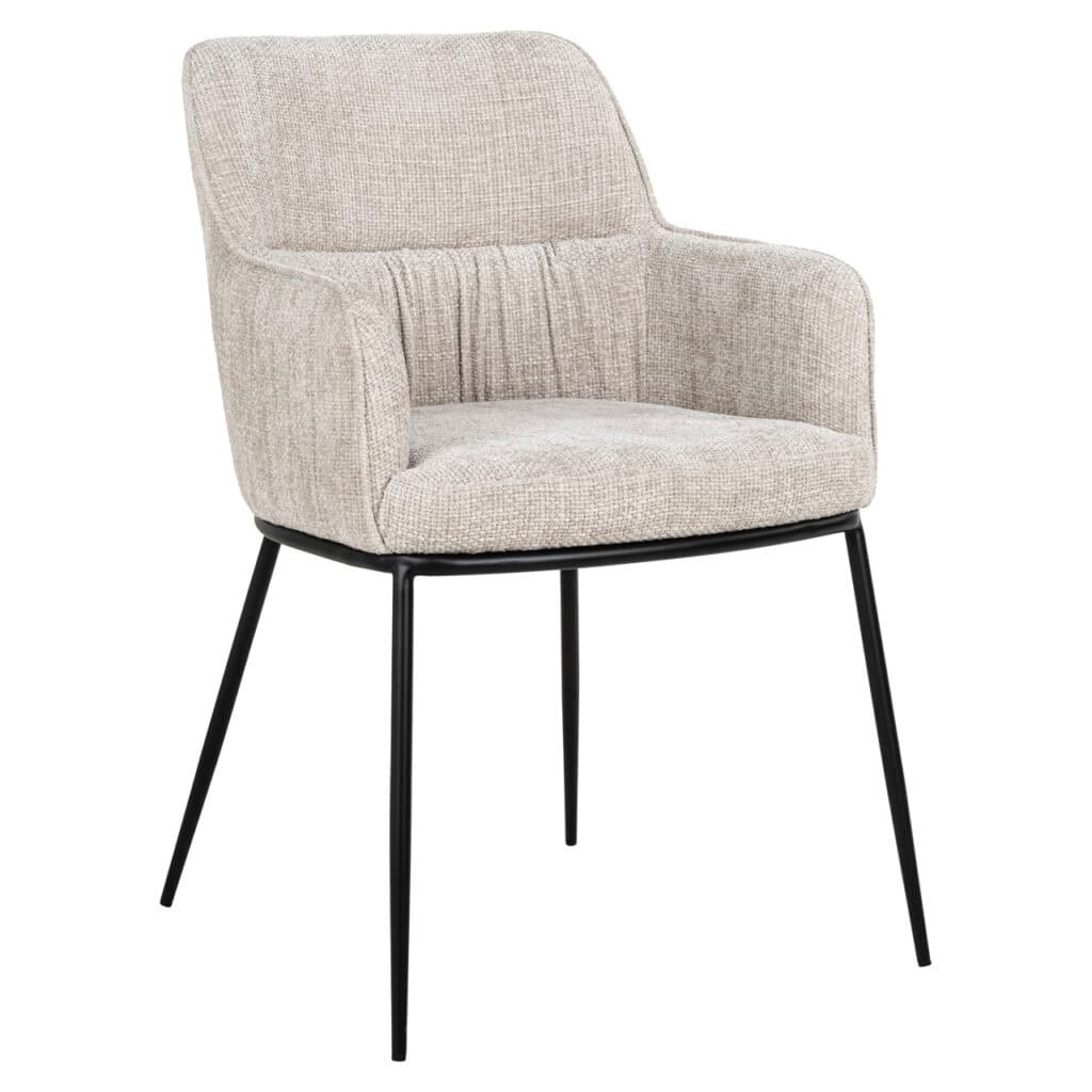 Chaise de salle à manger moderne Bella tissu beige avec des pieds en métal noir.