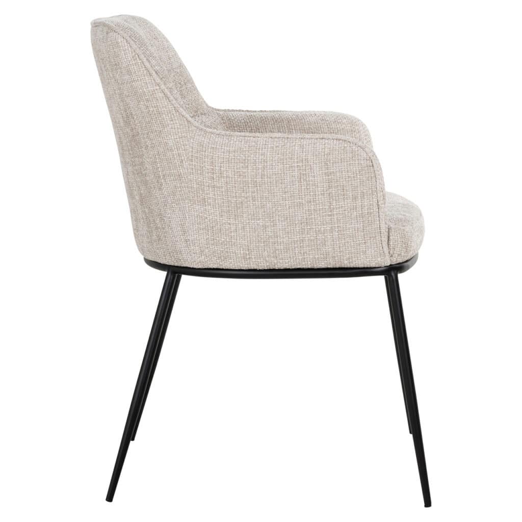 Chaise de salle à manger Bella tissu beige avec des pieds en métal noir.