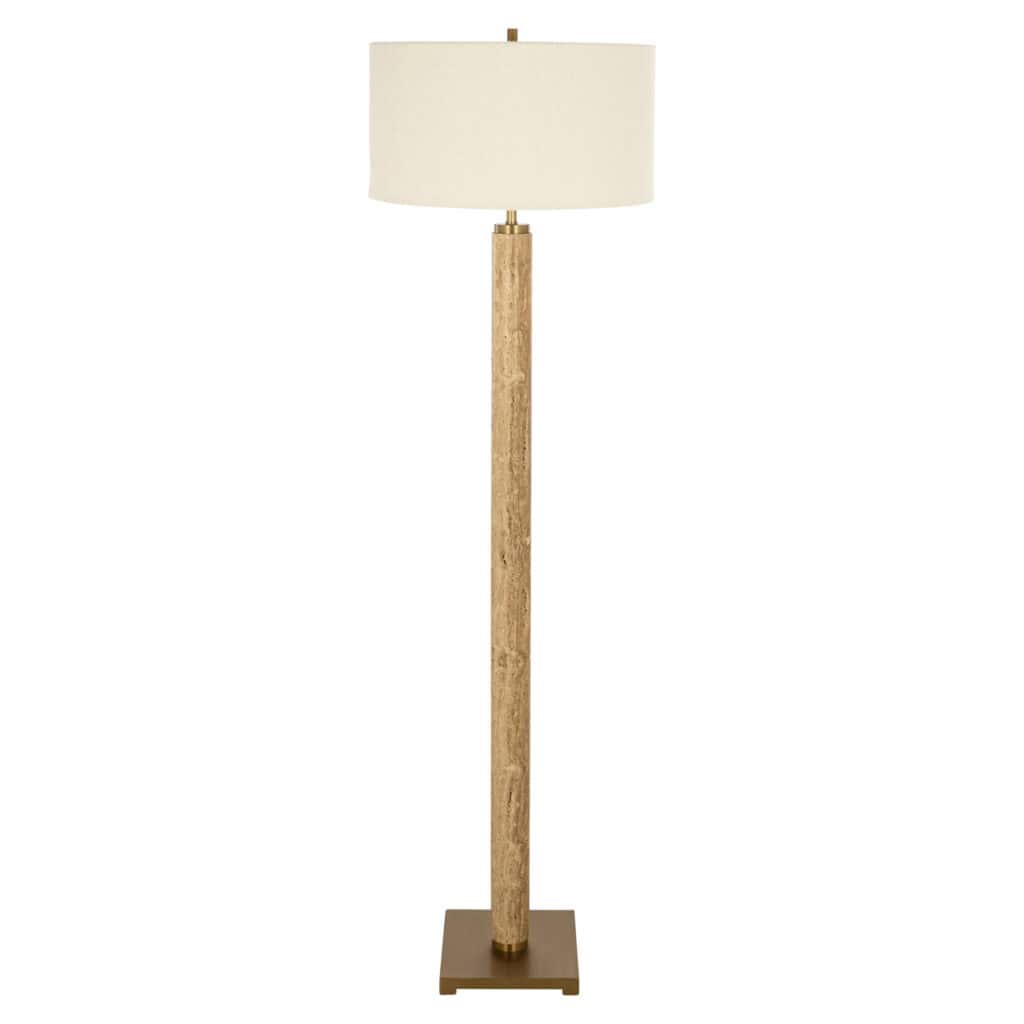 Vloerlamp Lorén met houten voet en witte lampenkap voor moderne interieurs.