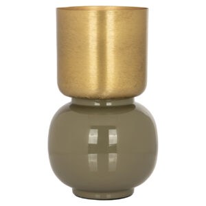 Decoratieve vaas met goudkleurige bovenkant en grijze onderkant, modern interieuraccessoire.