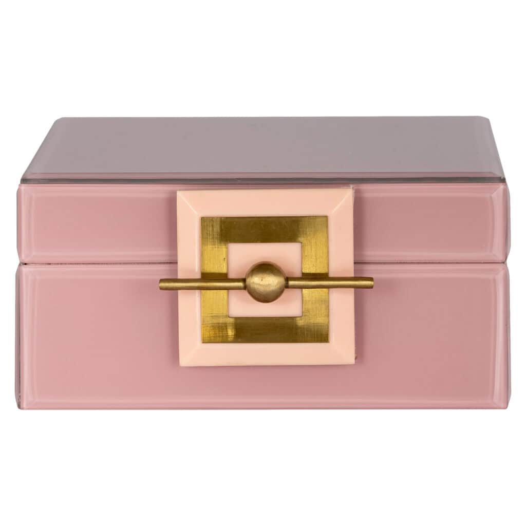 Roze opbergdoos met goudkleurige sluiting voor stijlvolle opbergruimte.