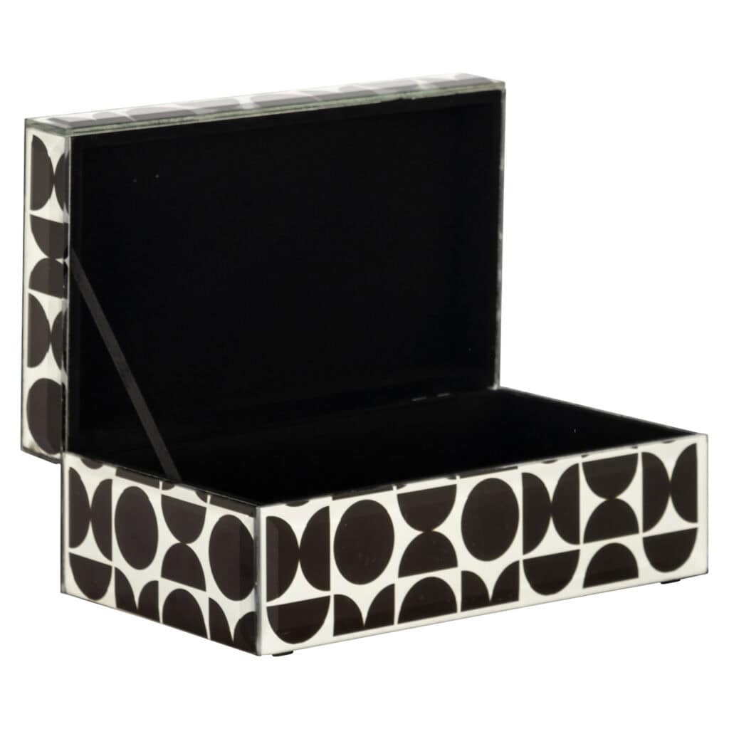 Kleine schwarze Aufbewahrungsbox mit geometrischem Muster, ideal als Dekoration und zur Aufbewahrung.