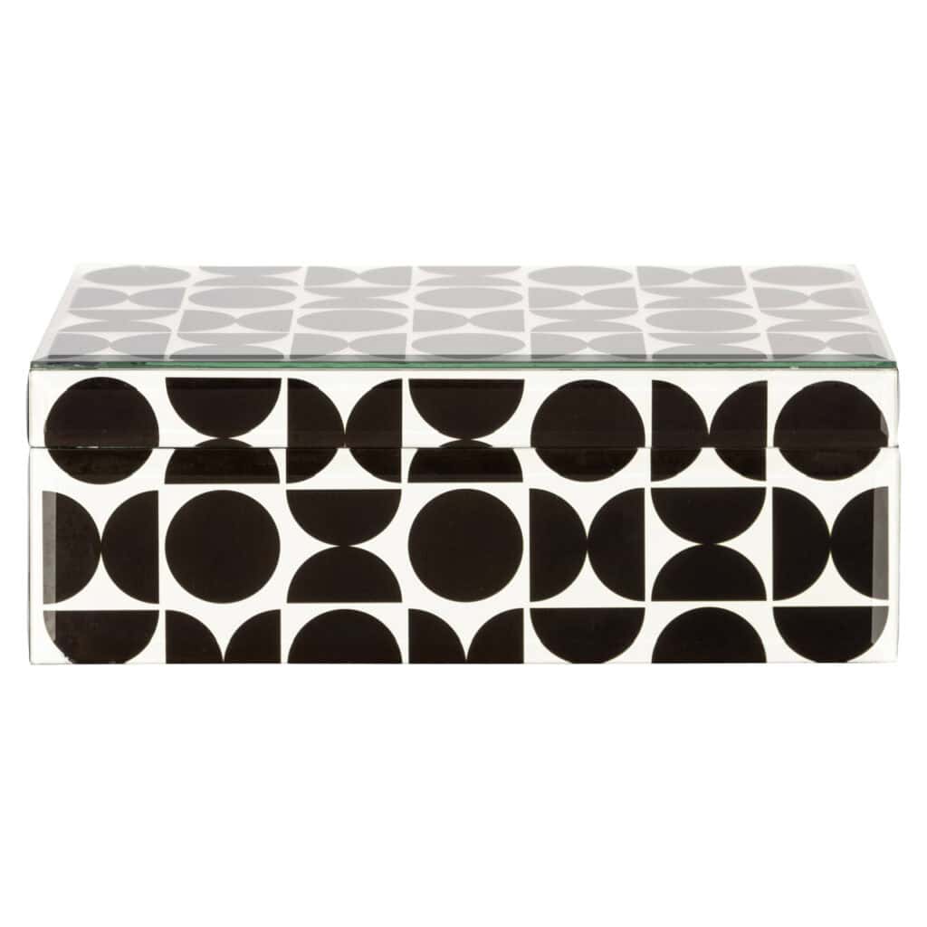 Moderne zwarte opbergdoos met geometrisch patroon voor interieur.
