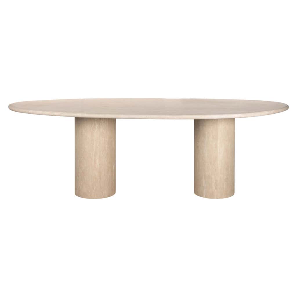 Alexander Jones dining table in beige, with a round shape and double legs.