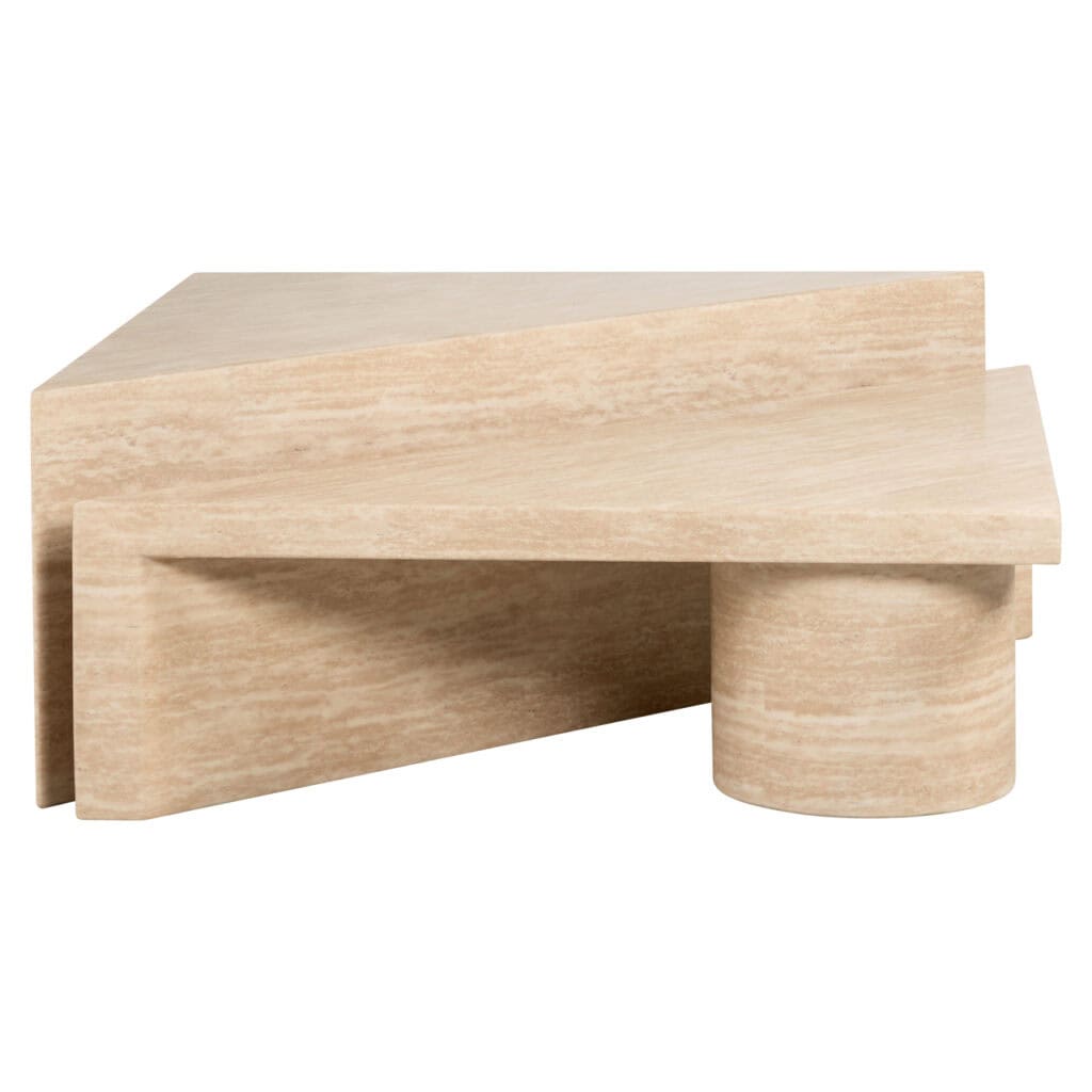 Modern beige coffee table with a cylindrical base.