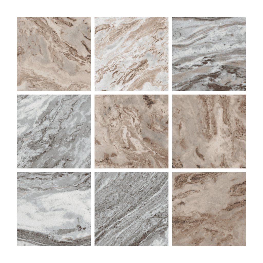 Lot de neuf carreaux imitation marbre dans des tons beiges et gris.