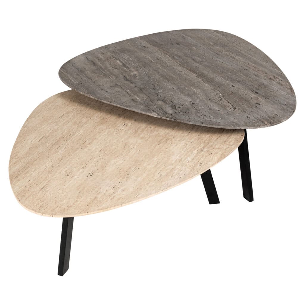 Set van twee moderne salontafels in beige en grijs met zwarte poten.