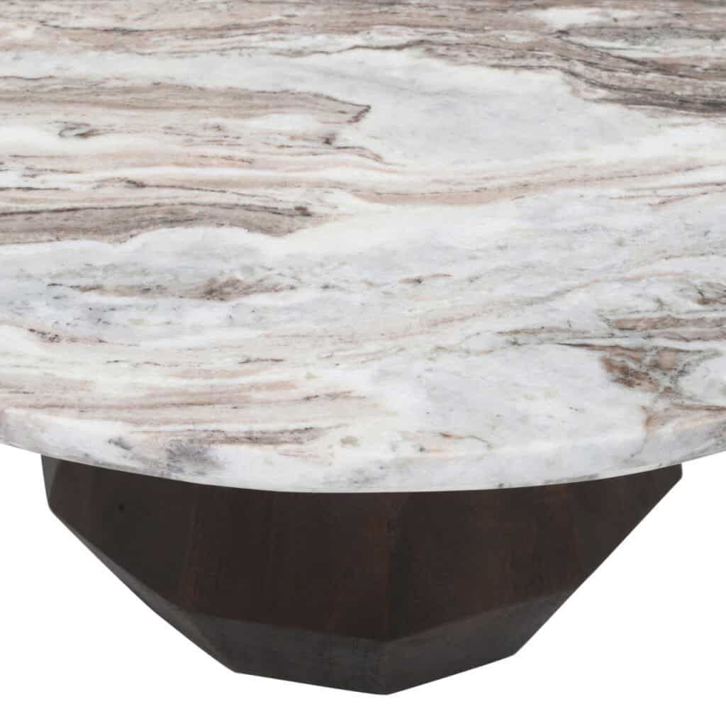 Marmeren tafel met houten onderstel voor stijlvolle woonruimte.
