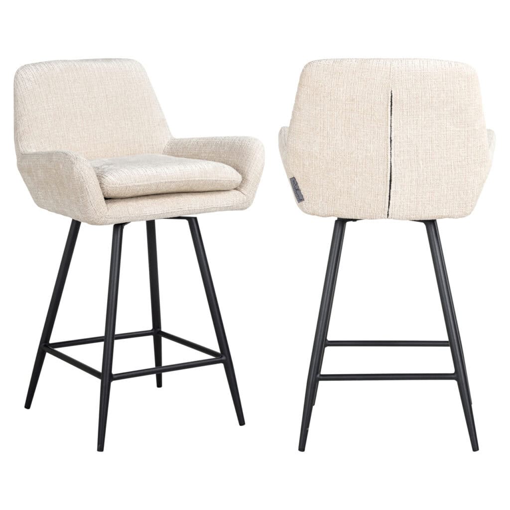 Set of two beige linsey with black wooden legs.