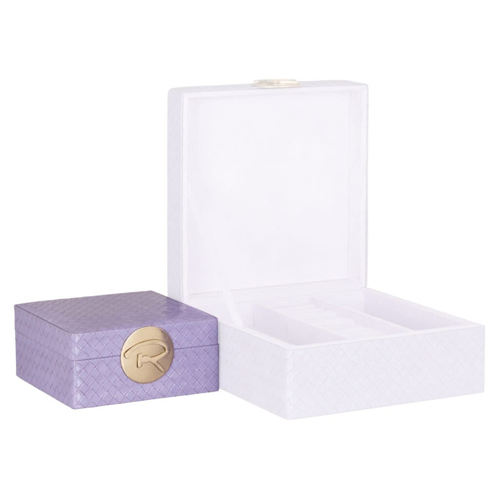Paars opbergdoos Joelle met gouden logo voor stijlvolle opbergruimte.