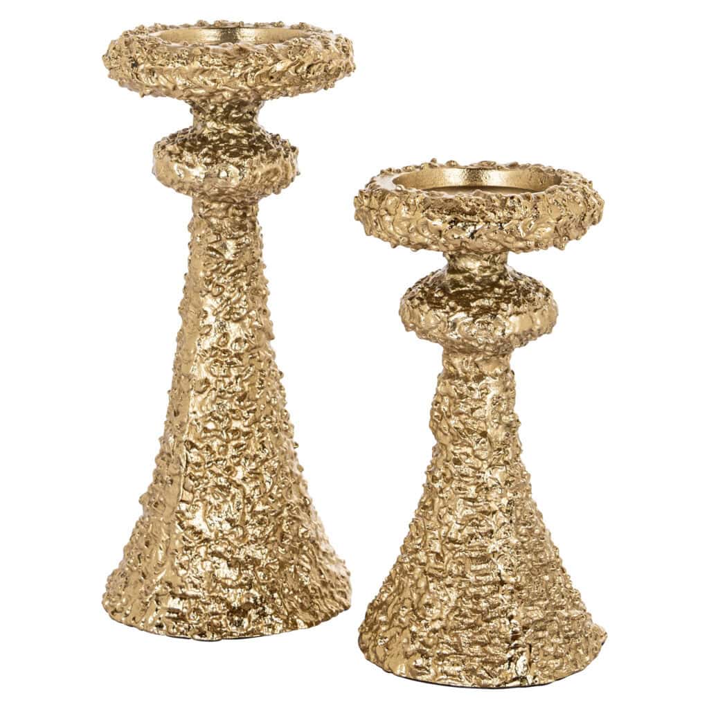 Gouden kandelaars set met een unieke, textuurrijke afwerking, perfect voor stijlvolle interieurdecor.