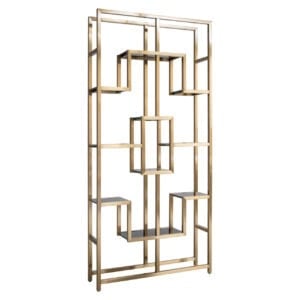 Modern gold wall cabinet with a geometric design for interior decor.
