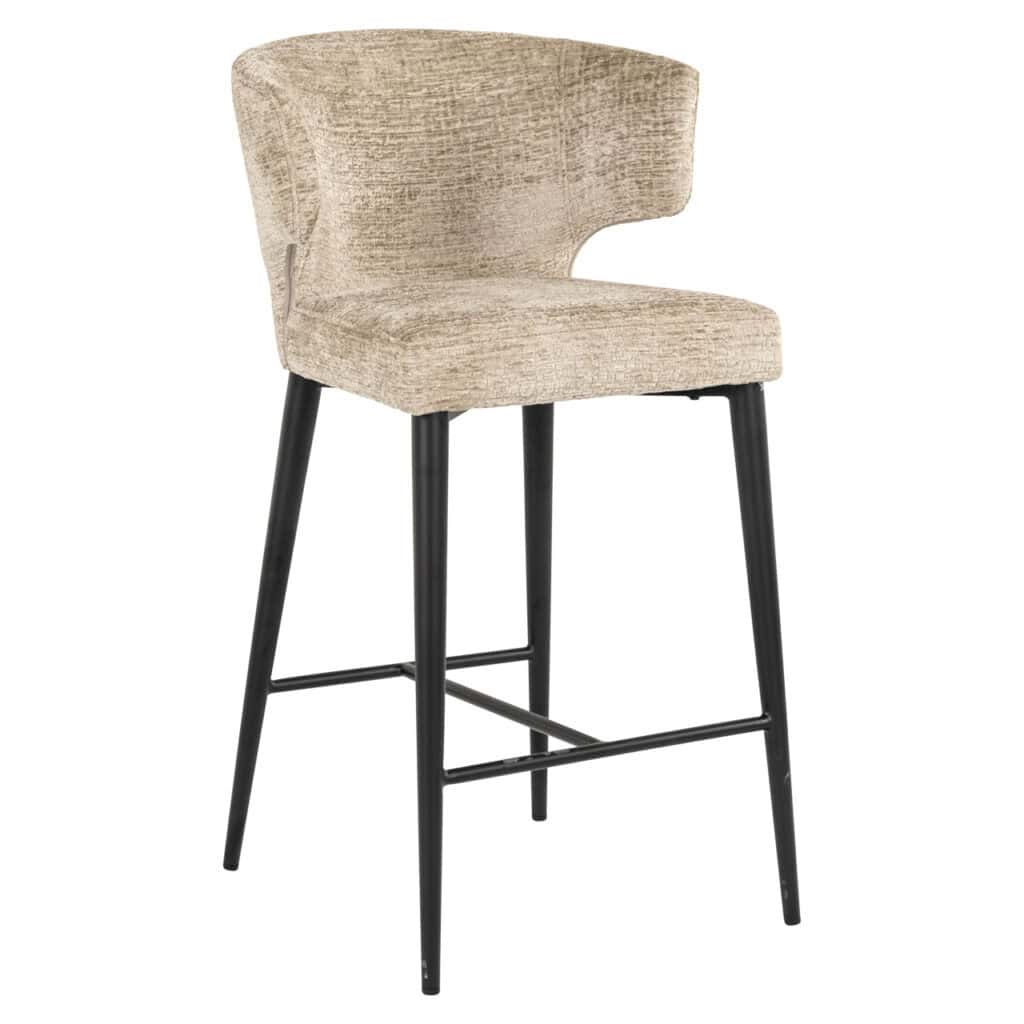 Modern beige fabric bar stool with black wooden legs and an armrest.
