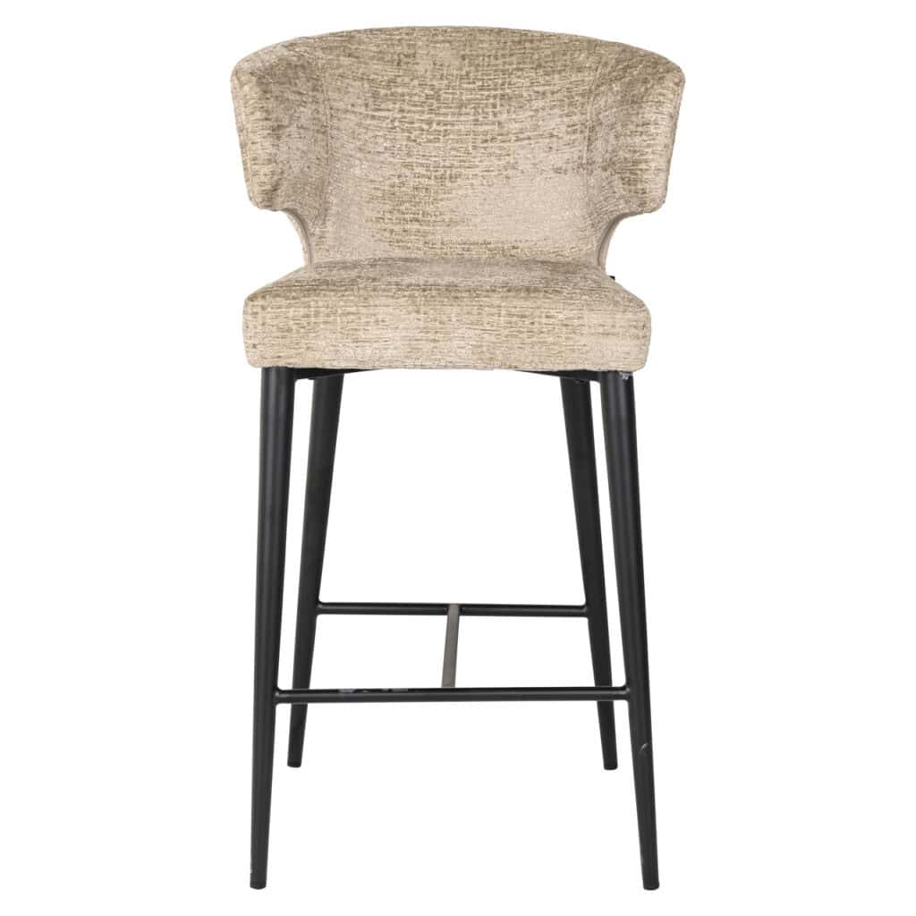 Modern beige fabric bar stool with black wooden legs for interior use.