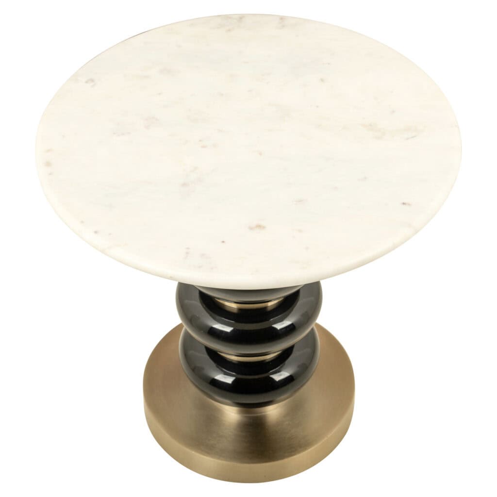 Table d'appoint moderne aux gold noires et gold , avec un plateau en marbre.