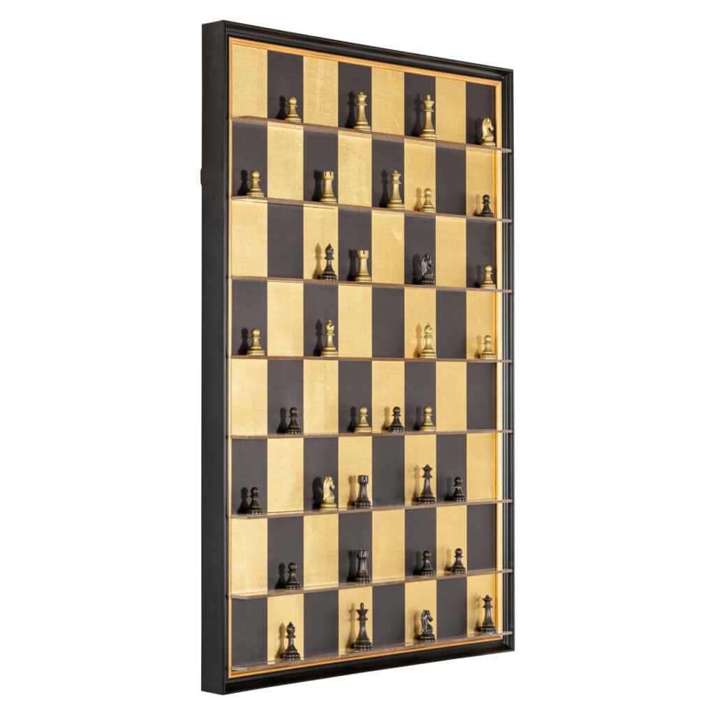 Unique chessboard cabinet with gold and chess pieces.