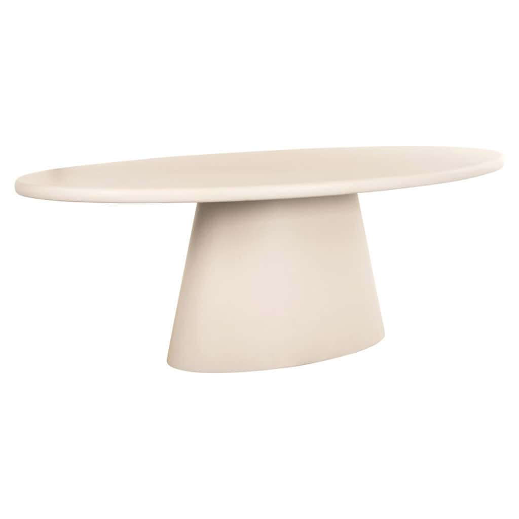 Strakke witte salontafel met uniek sculpturaal onderstel, perfect voor modern interieur.