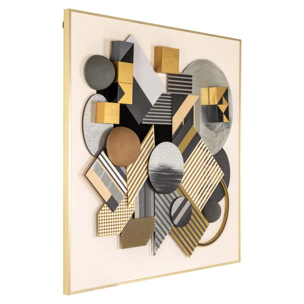 Geometrisch wanddecor met zwart, goud en grijze vormen voor interieurdesign.
