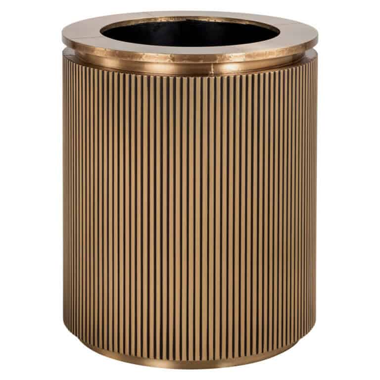 Luxe gouden ronde vuilnisbak met verticale ribbels en zwarte binnenkant voor interieur.