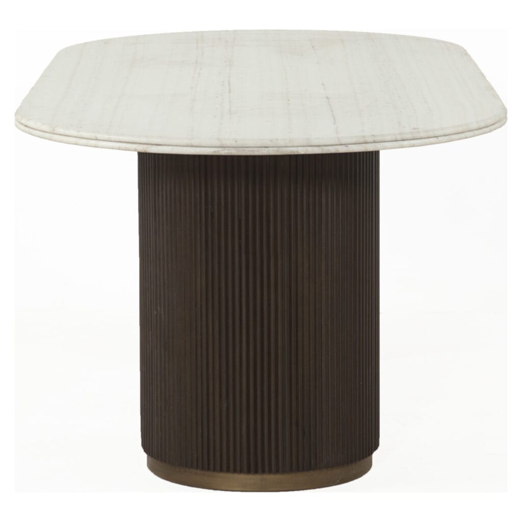 Modern Mayfield dining table Mayfield a round white tabletop and a dark brown base.