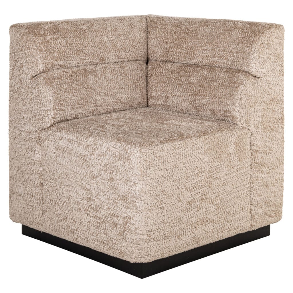 Delia hoekbank in beige stof, perfect voor eetkamers en zithoeken.