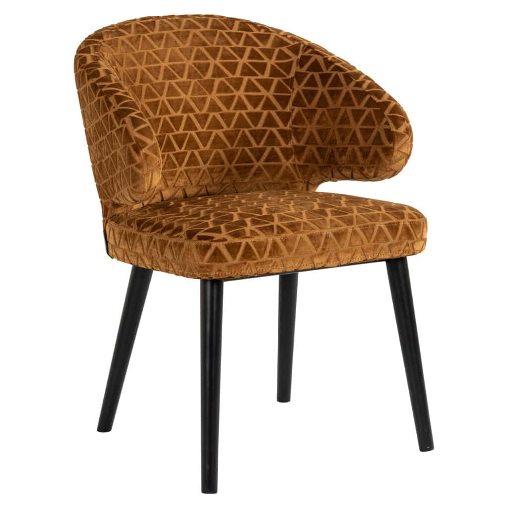 Chaise de salle à manger à motifs géométriques, couleur « old gold », avec des pieds noirs.