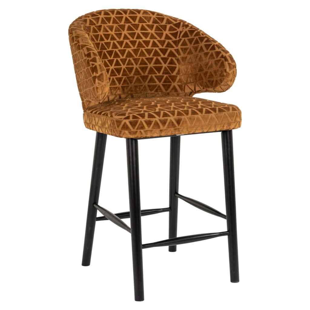 Moderne barstoel met geometrisch patroon en zwarte poten.