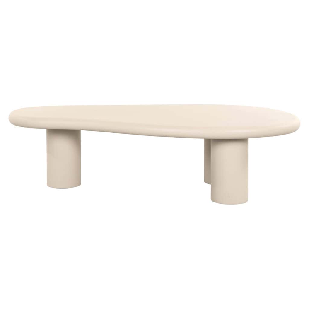 Modern beige coffee table with a round shape and sturdy legs.